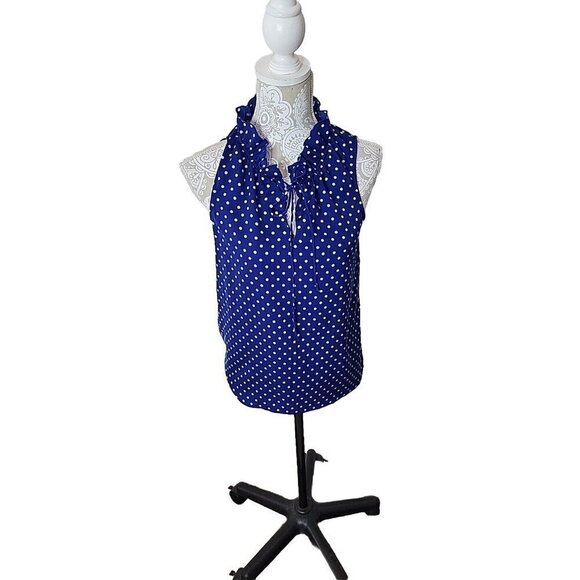 J. Crew Top Sleeveless Blue Polka Dot Ruffled Neck Blouse Business Women's 2 - Picture 1 of 8